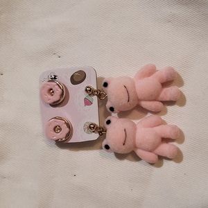 Flocked pink frog earings with pink donut earings
